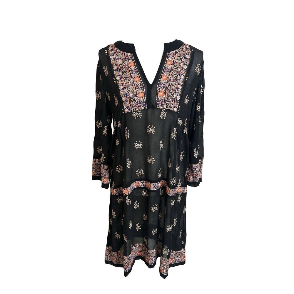 Sundance Women's M To The Winds Dress Black Floral Embroidered Boho Sheer Small